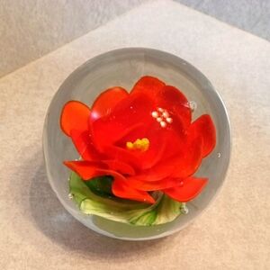 Glass Paperweight with Red Flower Design